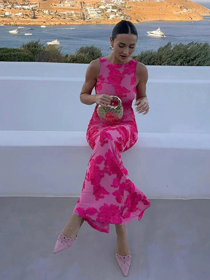 Damen Maxikleid Pink mit floralem Muster ärmellos – High-quality product image.