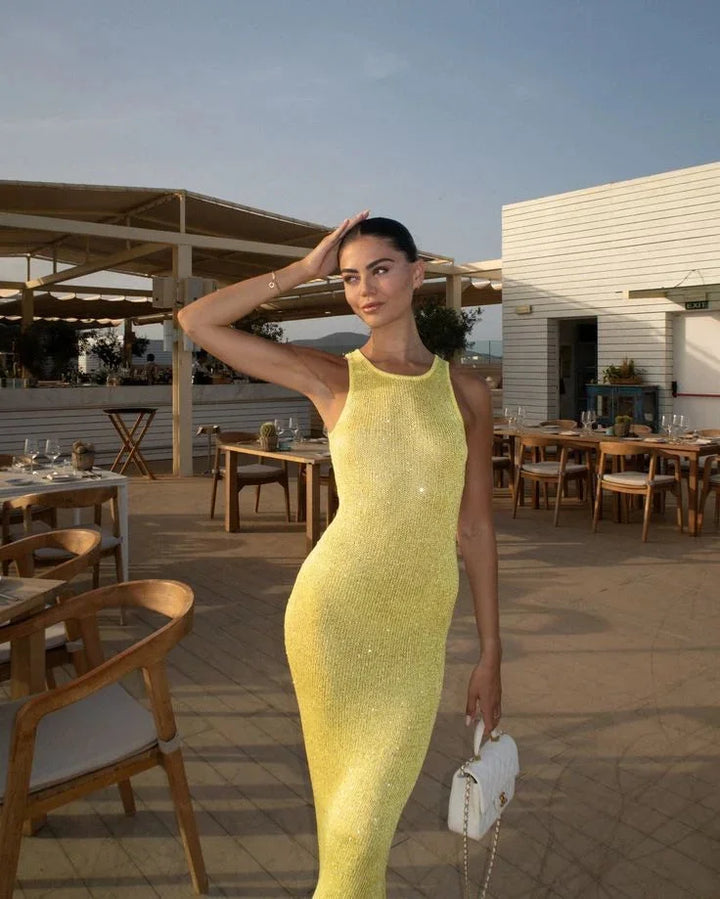Damen Maxikleid ärmellos mit Glitzereffekt für Abendanlässe – High-quality product image.