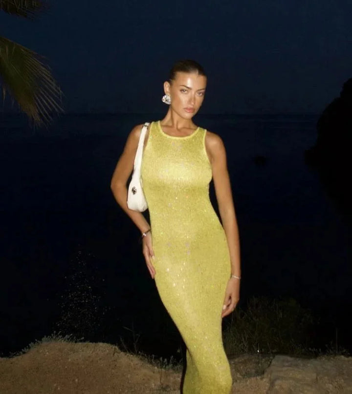 Damen Maxikleid ärmellos mit Glitzereffekt für Abendanlässe – High-quality product image.