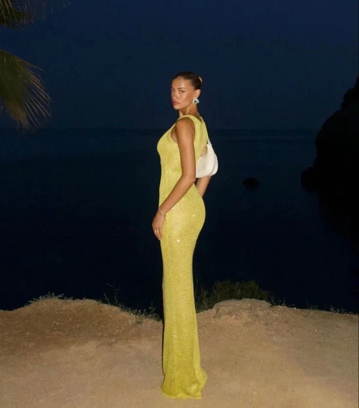 Damen Maxikleid ärmellos mit Glitzereffekt für Abendanlässe – High-quality product image.
