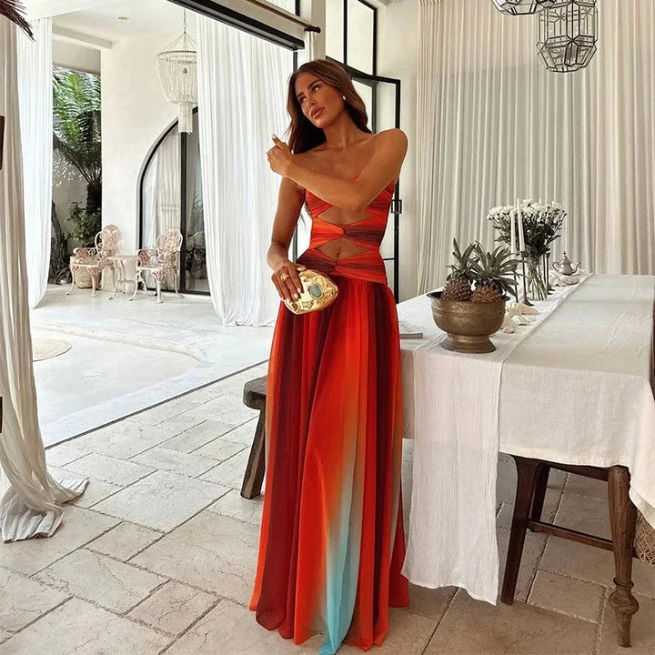 Damen Maxikleid trägerlos in Farbblock-Design – High-quality product image.