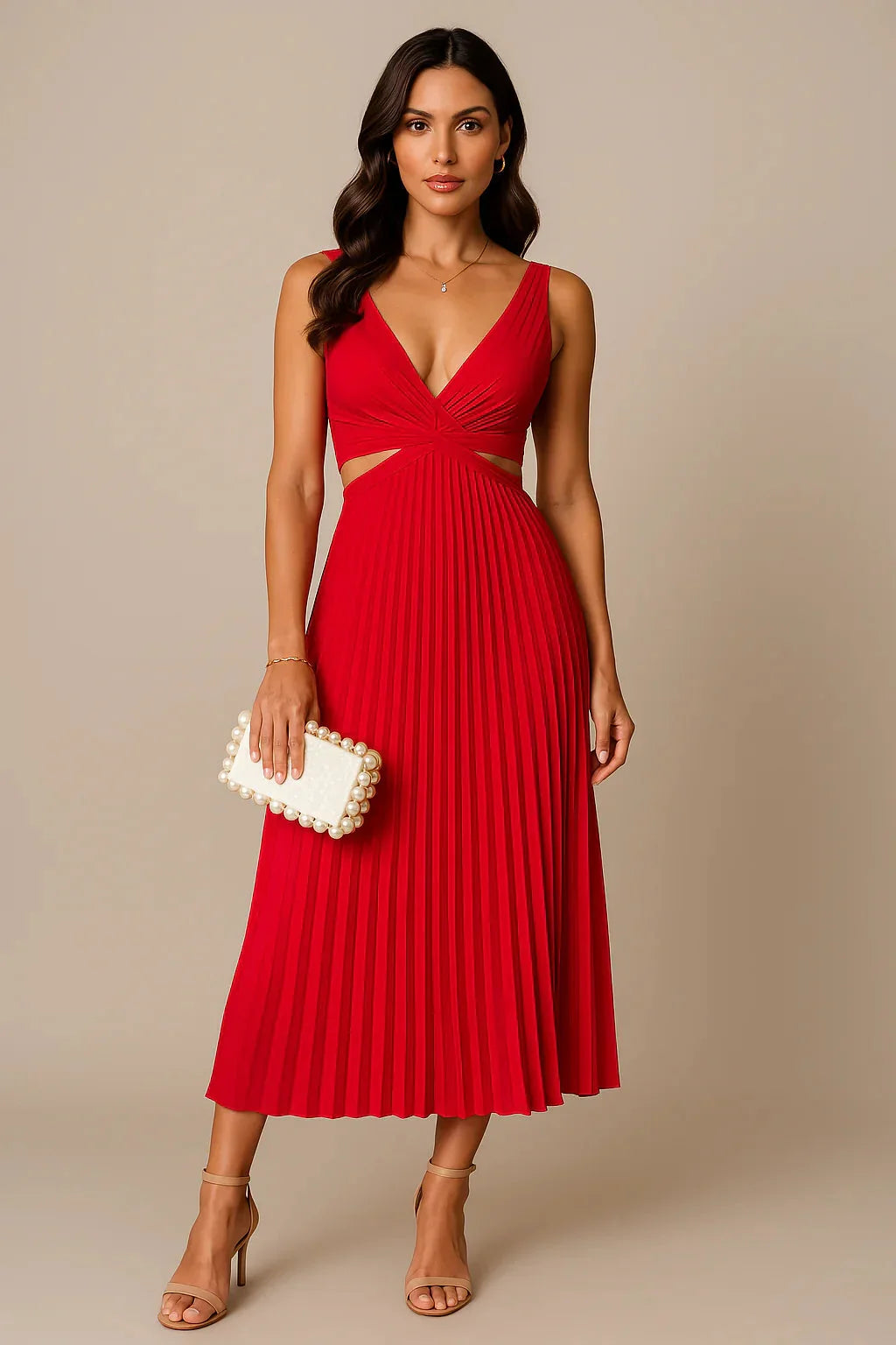 Elegantes Damen Midi-Abendkleid in Plissee-Optik und V-Ausschnitt aus weichem Stoff.