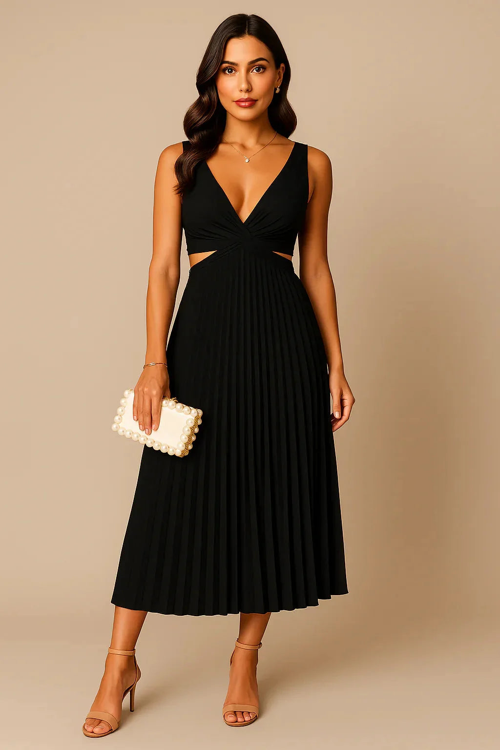 Schwarzes Midi Abendkleid für Damen mit Plissee, V-Ausschnitt, und taillierter Passform aus leichtem Stoff.