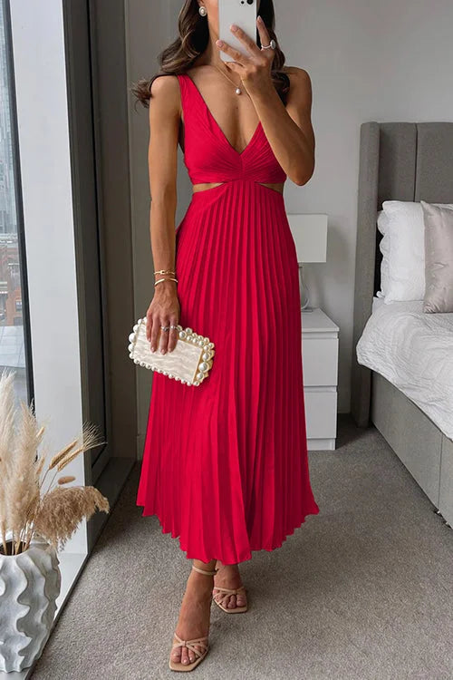 Rotes Damen Midi Abendkleid mit Plissee, V-Ausschnitt, perfekt für besondere Anlässe, elegante und feminine Passform.
