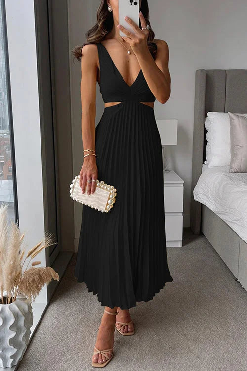 Schwarzes Damen Midi Abendkleid mit Plissee und V-Ausschnitt, elegant und feminin, perfekt für besondere Anlässe,…