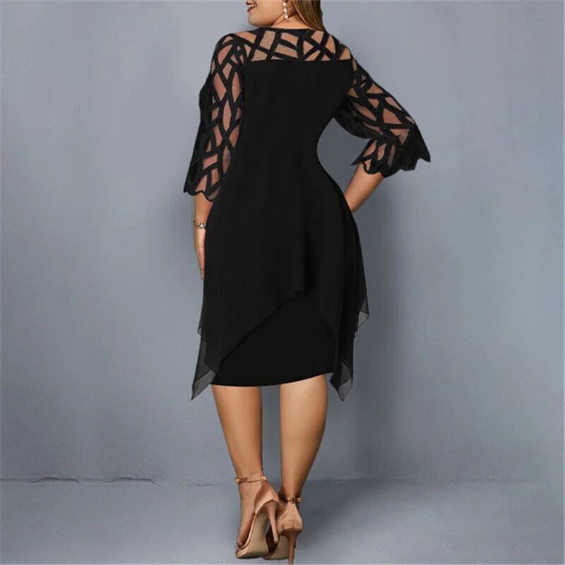 Schwarzes Midi-Kleid für Damen in Übergröße mit asymmetrischem Saum, aus weichem Stoff, ideal für lässige oder schicke…