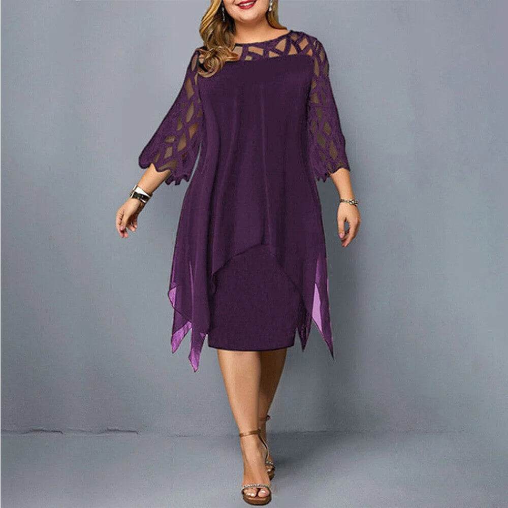 Violett-Asymmetrisches Damen-Midi-Kleid in Übergröße. Aus leichtem Stoff, mit trendigem Design und unregelmäßigem Saum.