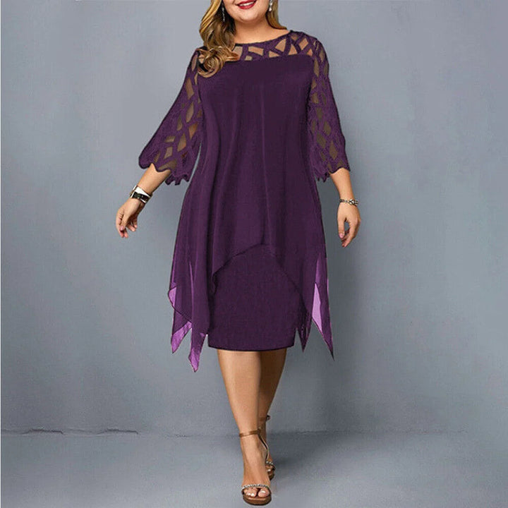 Violett-Asymmetrisches Damen-Midi-Kleid in Übergröße. Aus leichtem Stoff, mit trendigem Design und unregelmäßigem Saum.