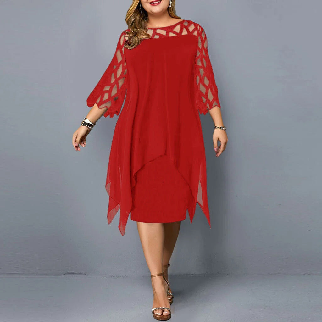 Rotes Damen Midi-Kleid in Übergröße mit asymmetrischem Saum, aus weichem Stoff, perfekt für besondere Anlässe oder den…