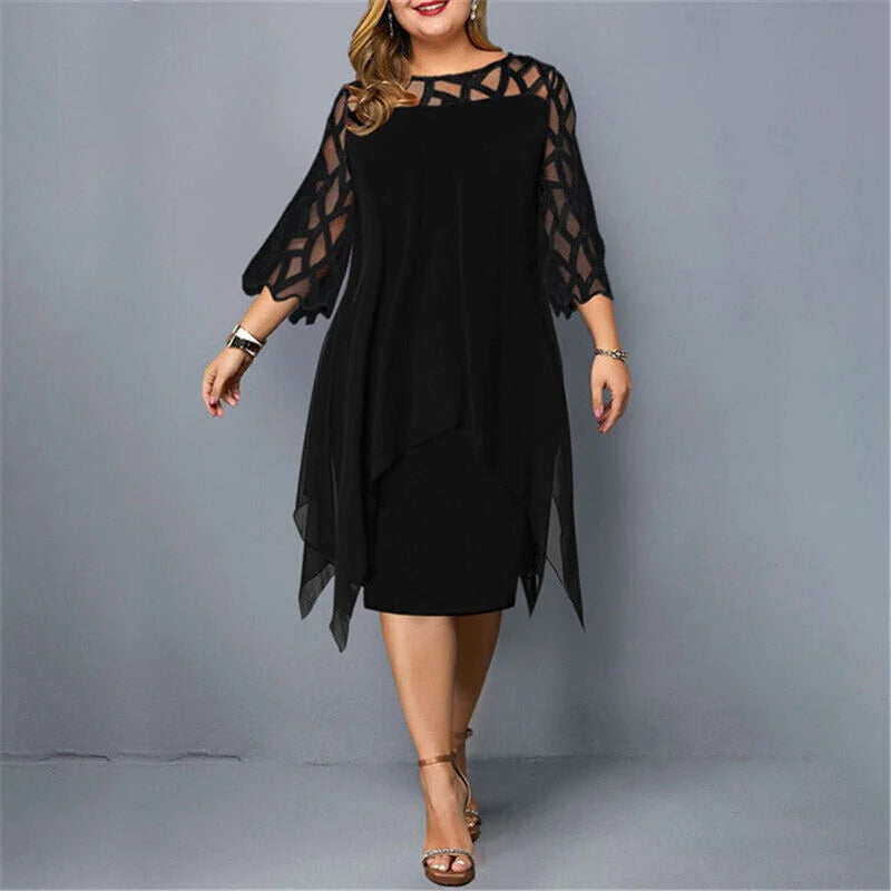 Schwarzes Damen Midi-Kleid in Übergröße mit asymmetrischem Saum aus weichem Stoff; perfekt für lässige und schicke Anlässe.