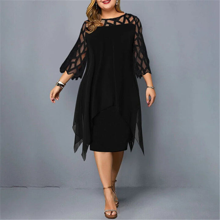 Schwarzes Damen Midi-Kleid in Übergröße mit asymmetrischem Saum aus weichem Stoff; perfekt für lässige und schicke Anlässe.