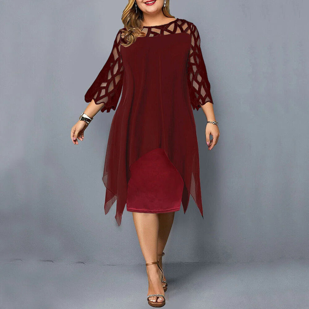 Damen Midi-Kleid in Übergröße aus weinrotem Stoff mit asymmetrischem Saum, ideal für elegante Anlässe oder den Alltag.