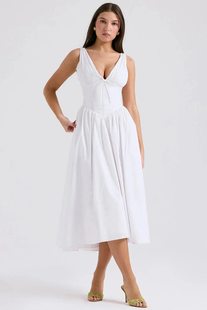Damen Midi-Kleid mit Blumenmuster und V-Ausschnitt – High-quality product image.