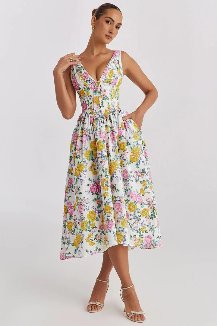 Damen Midi-Kleid mit Blumenmuster und V-Ausschnitt – High-quality product image.