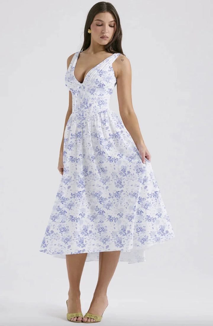 Damen Midi-Kleid mit Blumenmuster und V-Ausschnitt – High-quality product image.