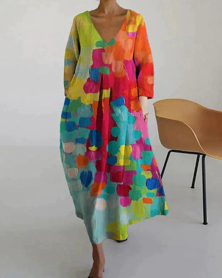 Damen Midi-Kleid mit buntem Print und V-Ausschnitt in Multicolor, aus leichtem und bequemem Stoff, ideal für einen…