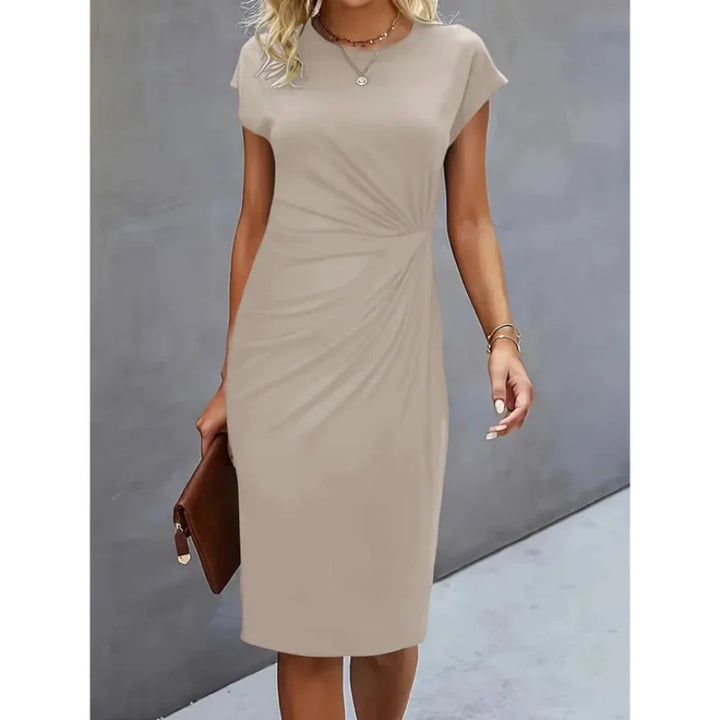 Damen Midi-Kleid in Beige mit geknoteten Details und Kurzarm aus leichtem Stoff - ideal für lässige und schicke Anlässe.