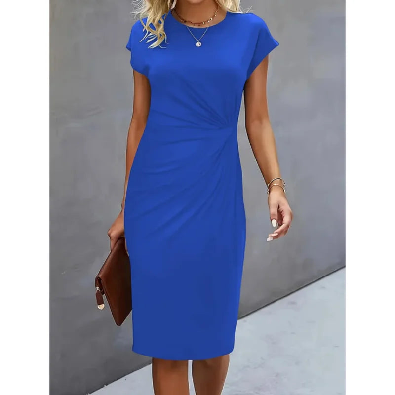 Königsblaues Damen Midi-Kleid mit geknoteten Details und Kurzarm in lockerem Schnitt aus angenehmer Viskose-Mischung.