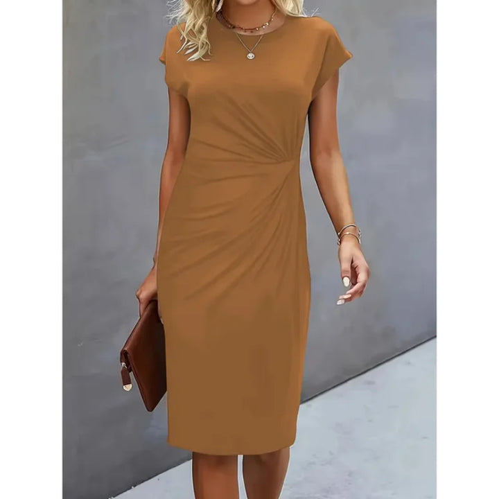 Khaki Damen Midi-Kleid mit geknoteten Details und Kurzarm aus leichtem Stoff für Sommerstil.
