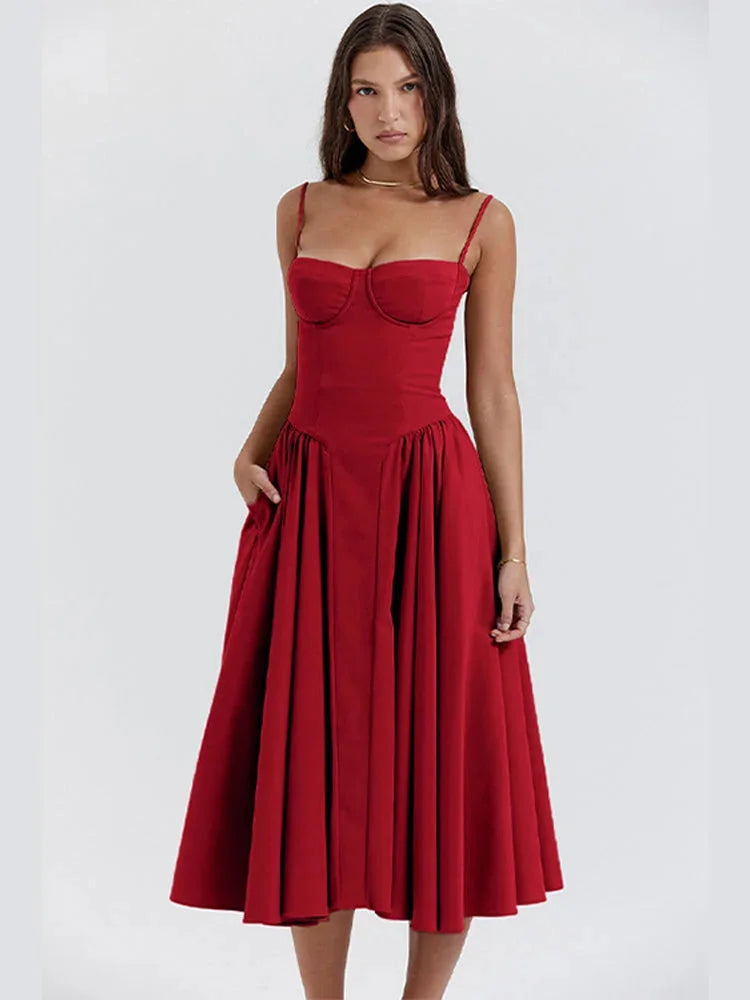 Damen Midi-Kleid mit schmaler Passform und ausgestelltem Rock – High-quality product image.