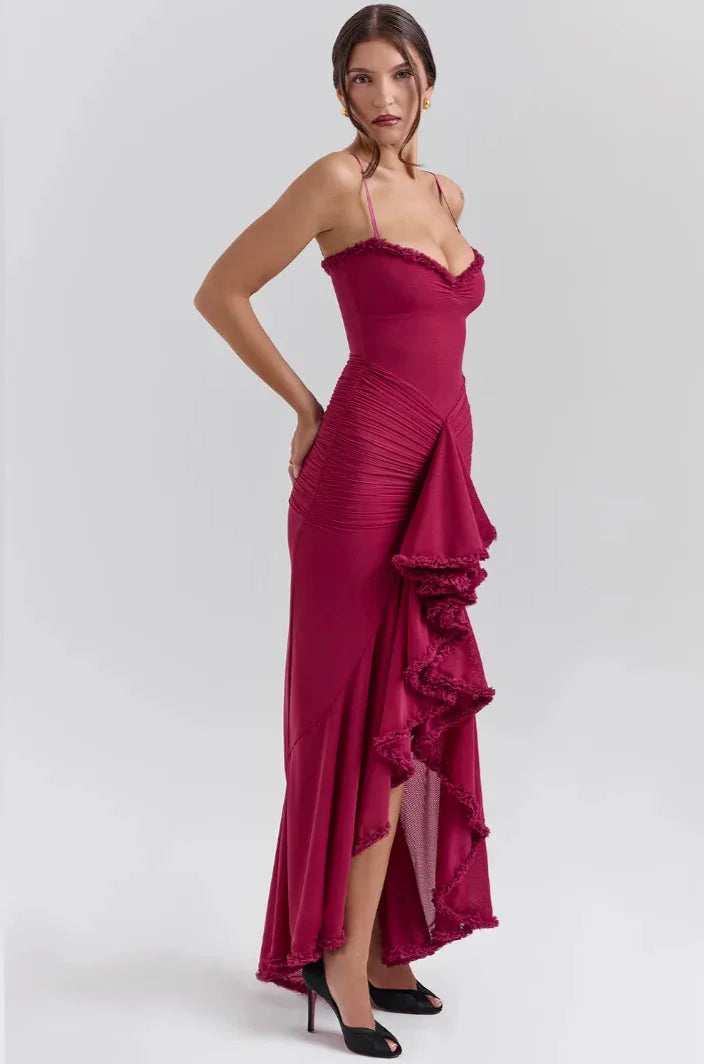 Damen Midi-Kleid mit Spaghettiträgern und Rüschendetails – High-quality product image.