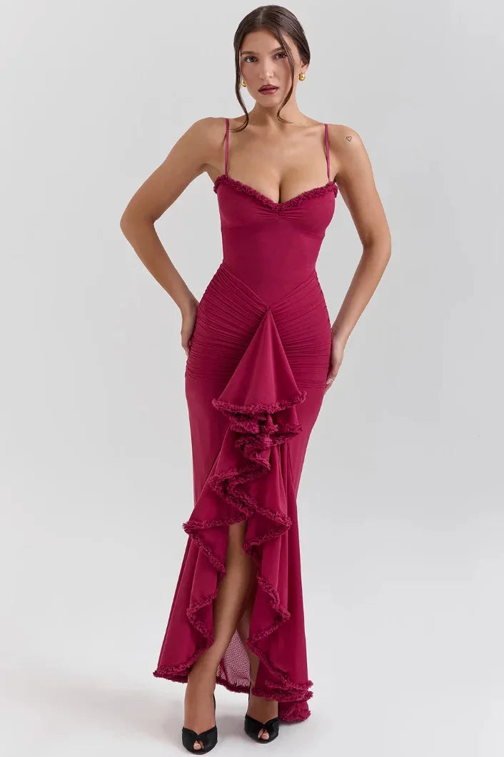 Damen Midi-Kleid mit Spaghettiträgern und Rüschendetails – High-quality product image.