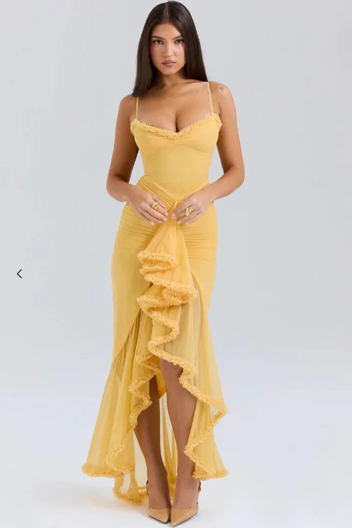 Damen Midi-Kleid mit Spaghettiträgern und Rüschendetails – High-quality product image.