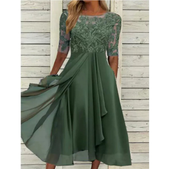 Damen Burgunderrotes Midi-Kleid mit Spitzenoberteil, 3/4 Ärmeln. Elegant, feminin und vielseitig für verschiedene Anlässe.