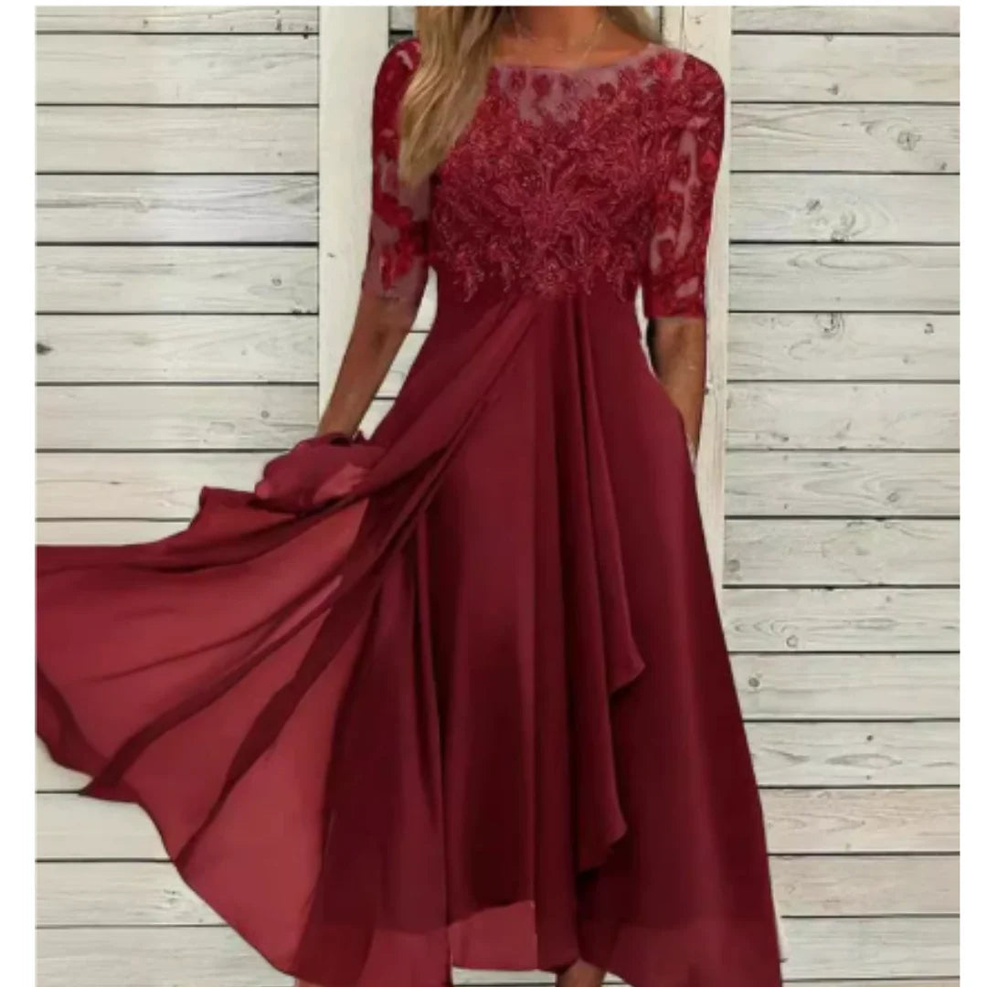Damen Midi-Kleid in Burgunderrot mit Spitzenoberteil, 3/4 Ärmeln aus weichem Stoff - elegantes, zeitloses Design für jede…