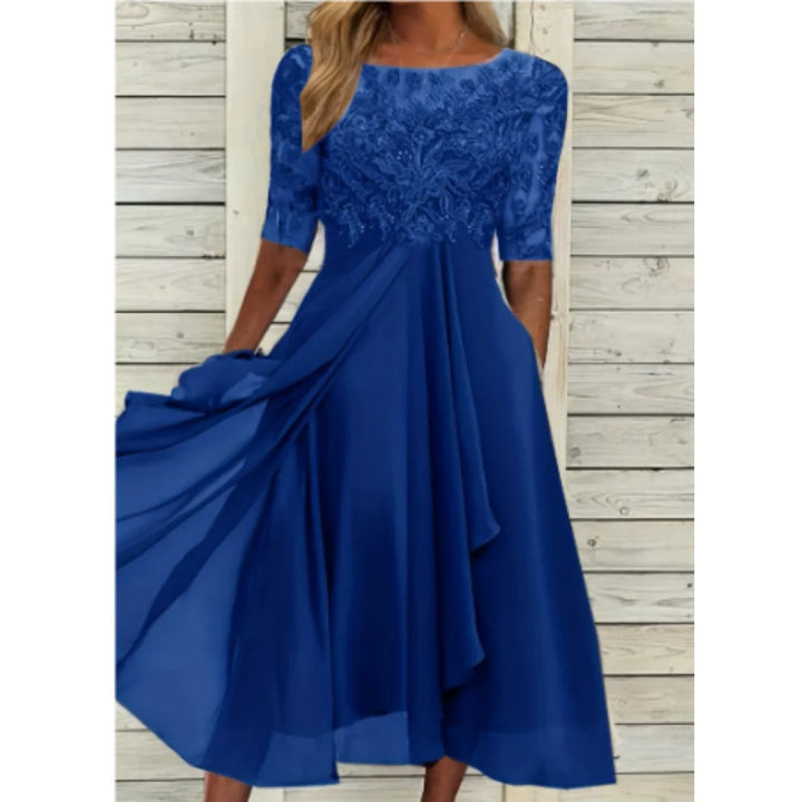 Damen Midi-Kleid in Burgunderrot mit Spitzenoberteil, 3/4 Ärmeln - elegantes Abendkleid für festliche Anlässe.