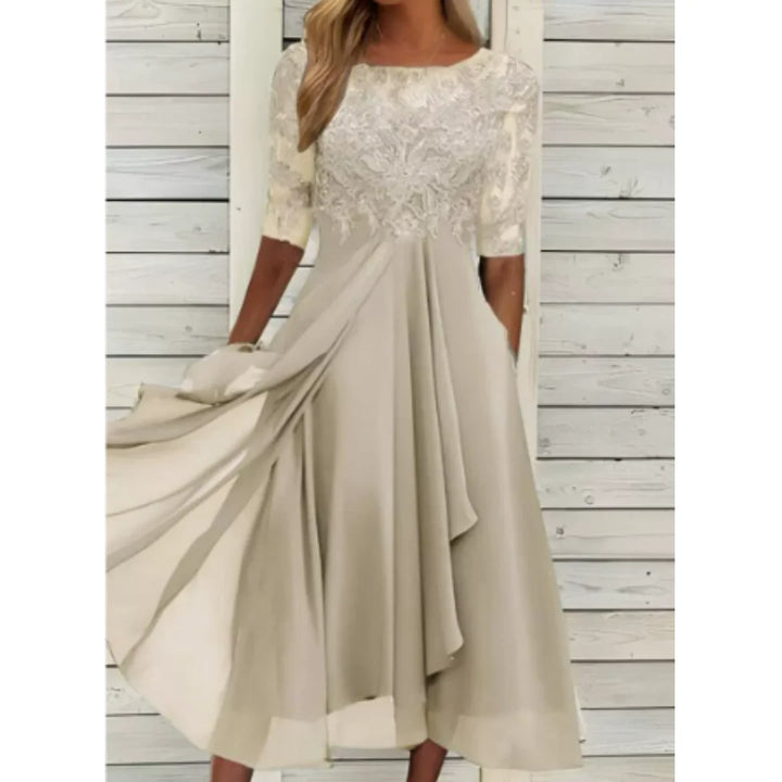 Damen Midi-Kleid in Burgunderrot mit Spitzenoberteil und 3/4 Ärmeln, elegant und vielseitig für besondere Anlässe.
