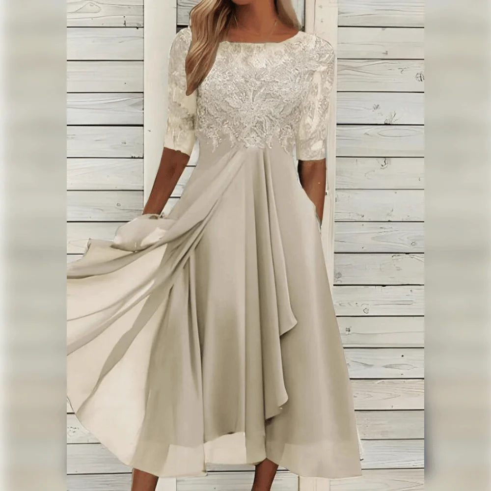 Beiges Damen Midi-Kleid aus Spitze mit asymmetrischem Saum, elegant und feminin - perfekt für besondere Anlässe.