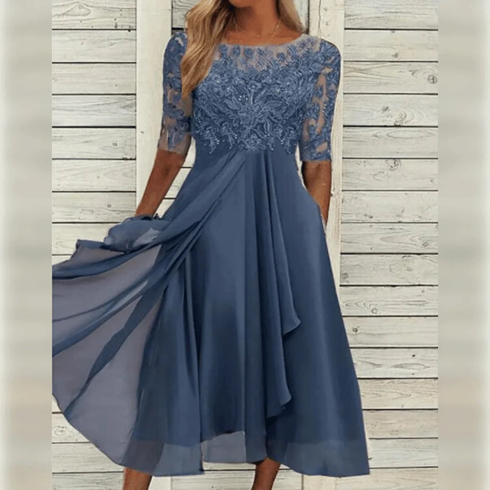 Blau Damen Midi-Kleid mit Spitzenoberteil: elegant, asymmetrischer Saum, ideal für besondere Anlässe, Spitze und angenehmes…