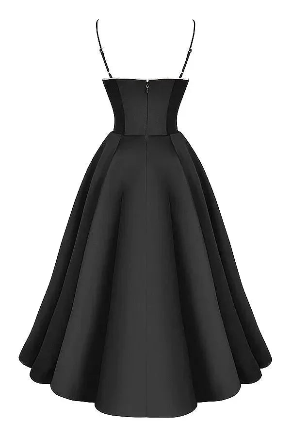 Damen Midi-Satin-Kleid in Schwarz mit Cremefarbenem Tüll – High-quality product image.