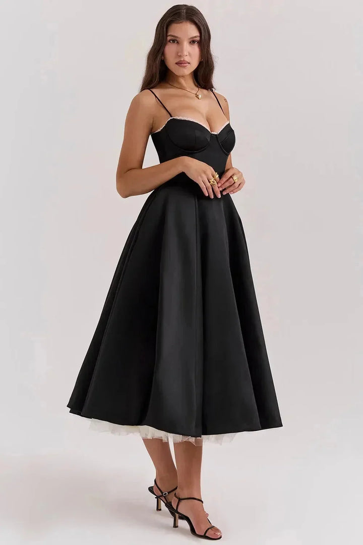 Damen Midi-Satin-Kleid in Schwarz mit Cremefarbenem Tüll – High-quality product image.