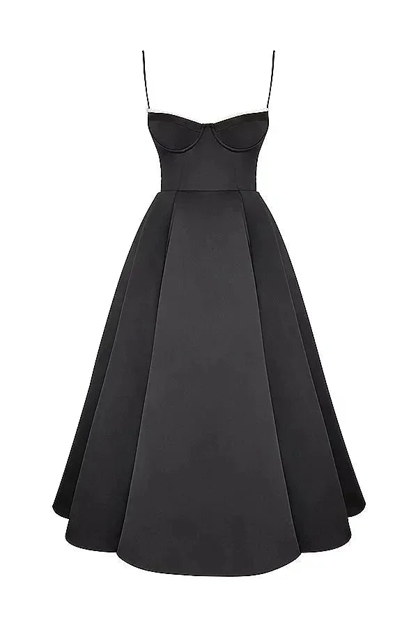 Damen Midi-Satin-Kleid in Schwarz mit Cremefarbenem Tüll – High-quality product image.