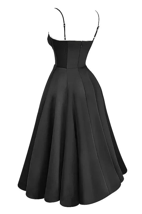 Damen Midi-Satin-Kleid in Schwarz mit Cremefarbenem Tüll – High-quality product image.