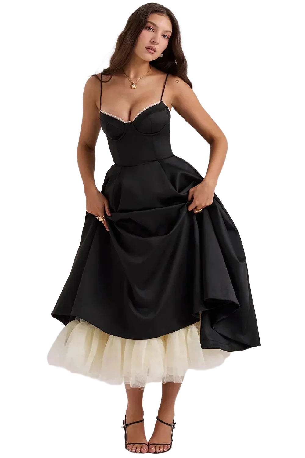 Damen Midi-Satin-Kleid in Schwarz mit Cremefarbenem Tüll – High-quality product image.