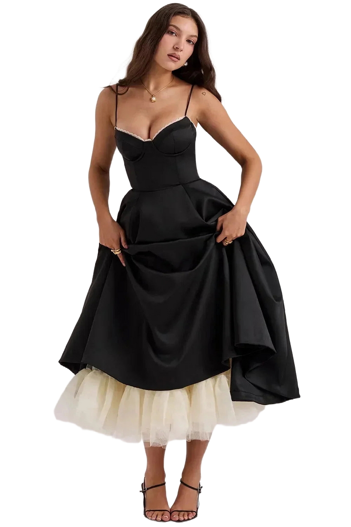 Damen Midi-Satin-Kleid in Schwarz mit Cremefarbenem Tüll – High-quality product image.