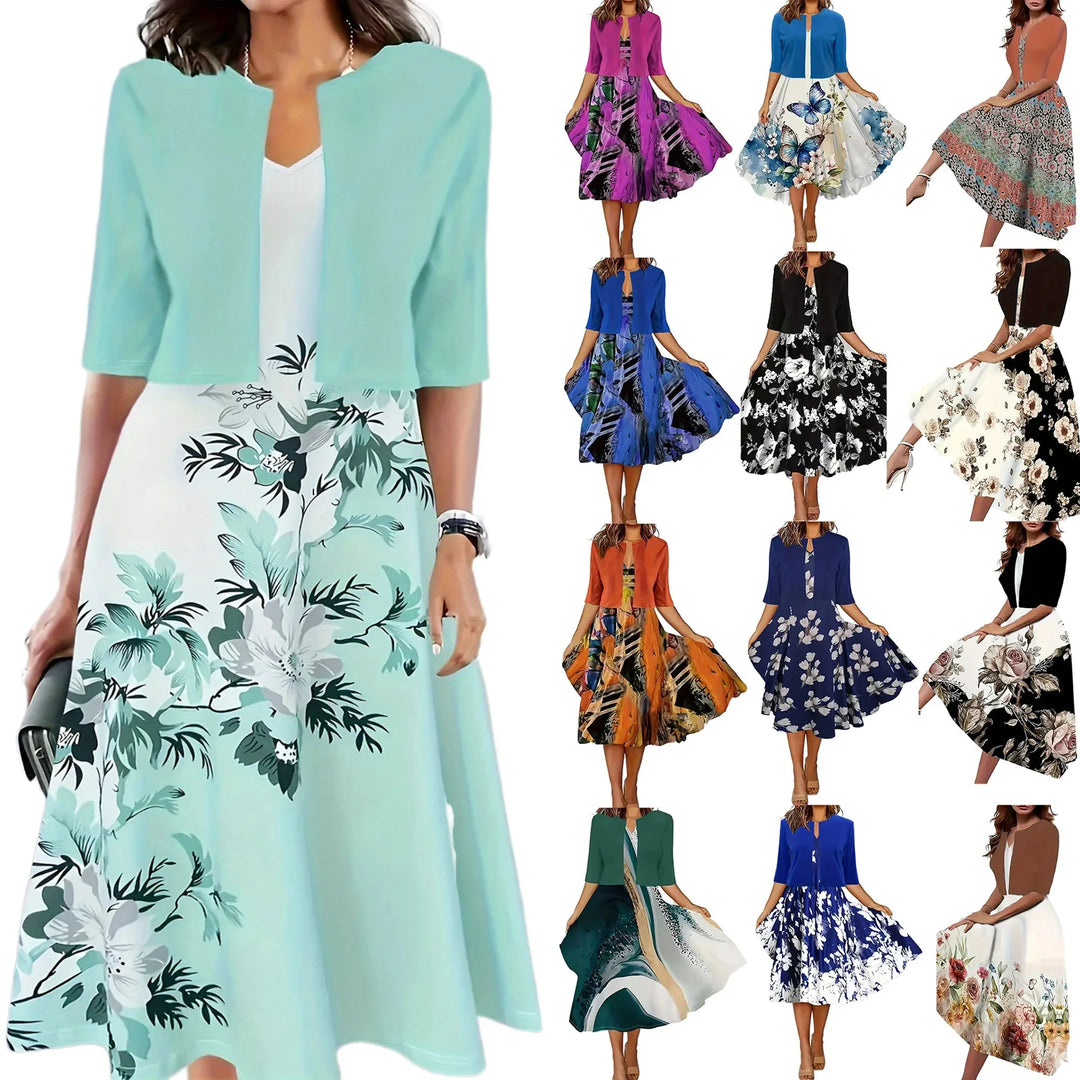 Damen Midi-Sommerkleid mit Blazer und Blumenmuster: Leichtes Material mit elegantem Blumenprint und passendem Blazer, ideal…