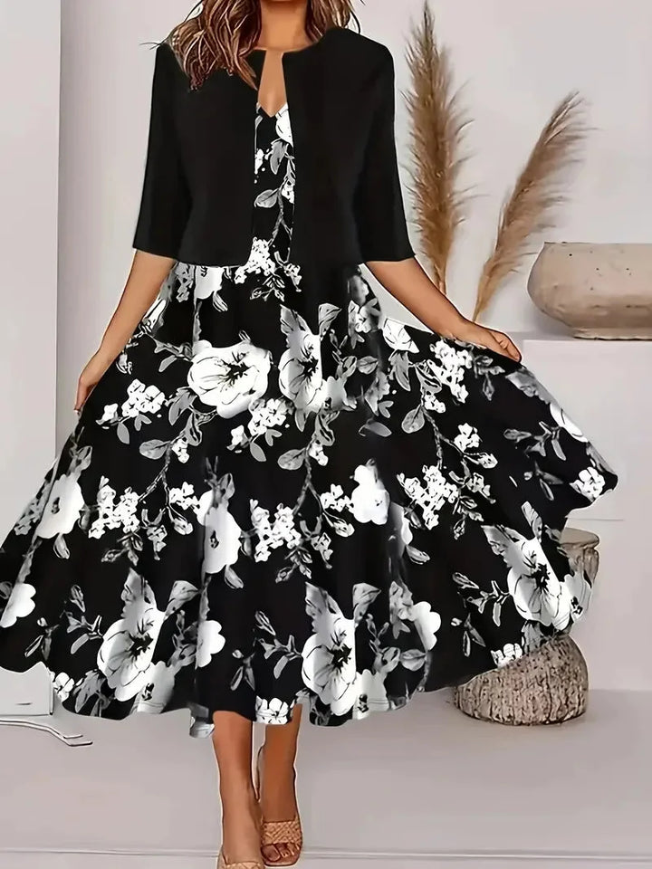Damen Midi-Sommerkleid mit Blazer und Blumenmuster aus leichtem Stoff für sommerliche Looks bei jeder Gelegenheit