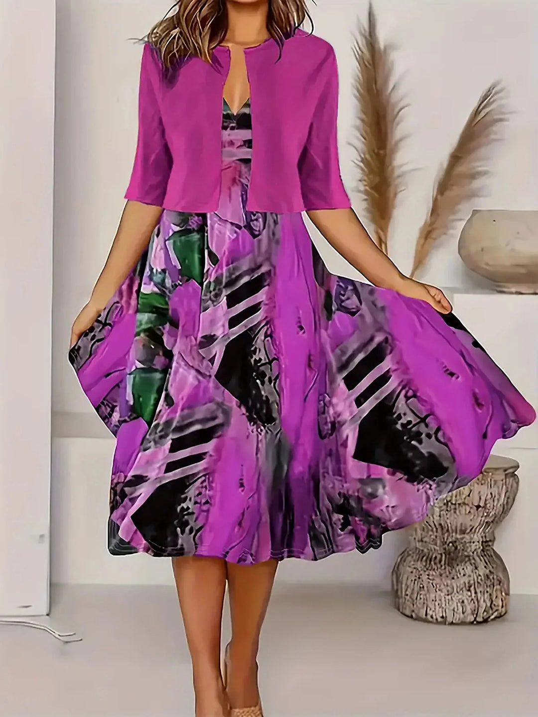 Damen Midi-Sommerkleid mit Blazer und Blumenmuster aus leichtem Stoff, perfekt für den Sommer.