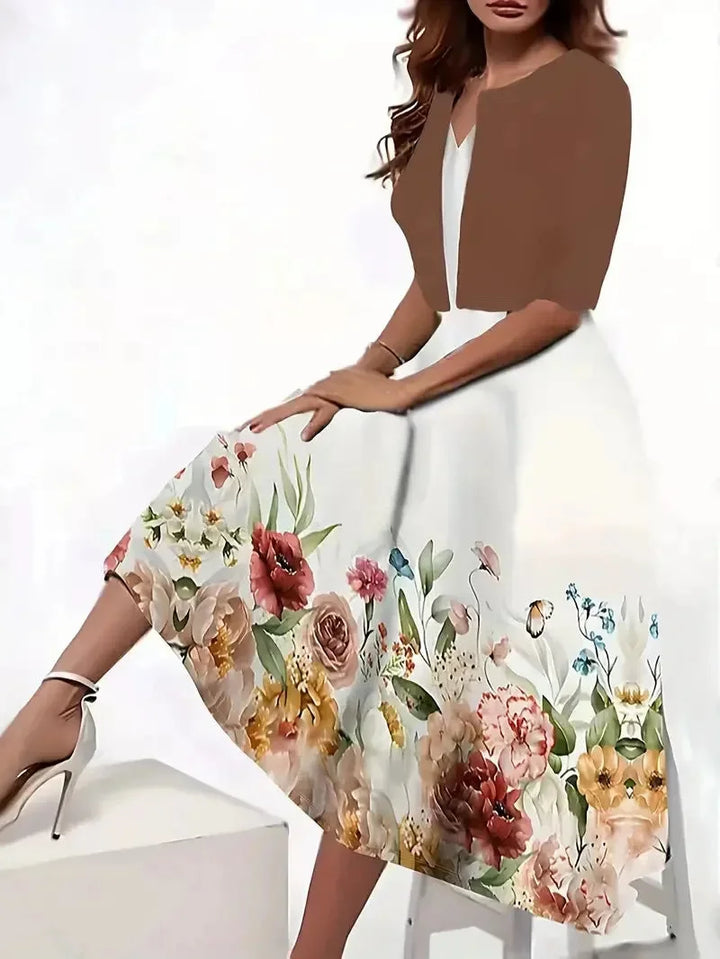 Midi-Sommerkleid mit Blazer und Blumenmuster für Damen, aus leichtem Stoff, perfekt für den Sommer, mit elegantem Design.