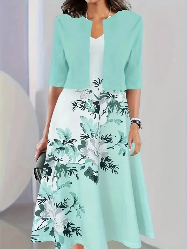 Sommerliches Set in Türkis: Damen Midi-Sommerkleid mit Blazer, Blumenmuster, und angenehmer Baumwollmischung.