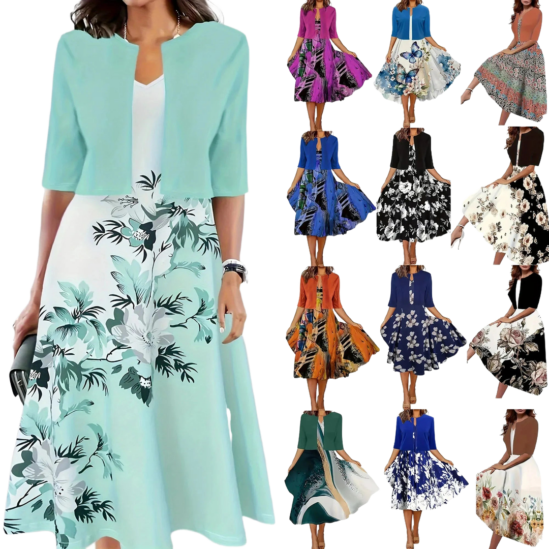 Damen Midi-Sommerkleid mit Blazer und Blumenmuster: Leichtes Material mit elegantem Blumenprint und passendem Blazer, ideal…