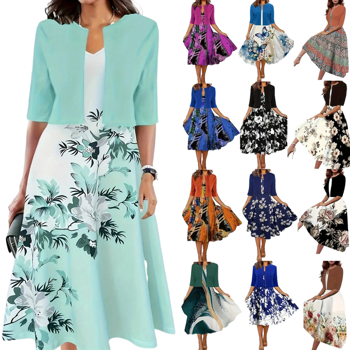 Damen Midi-Sommerkleid mit Blazer und Blumenmuster: Leichtes Material mit elegantem Blumenprint und passendem Blazer, ideal…