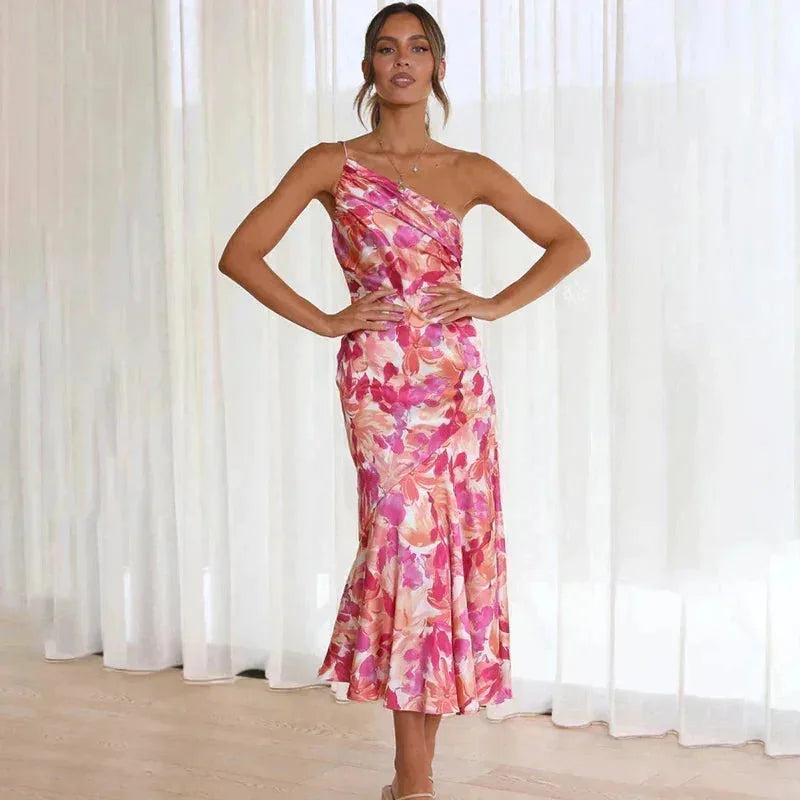 Damen Midikleid asymmetrisch rosa mit floralem Muster – High-quality product image.