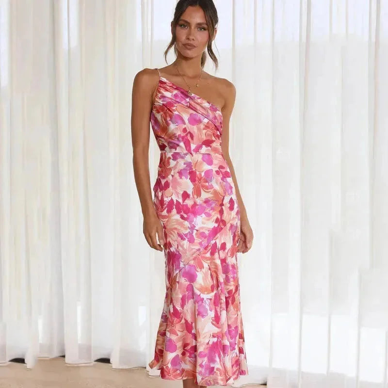 Damen Midikleid asymmetrisch rosa mit floralem Muster – High-quality product image.
