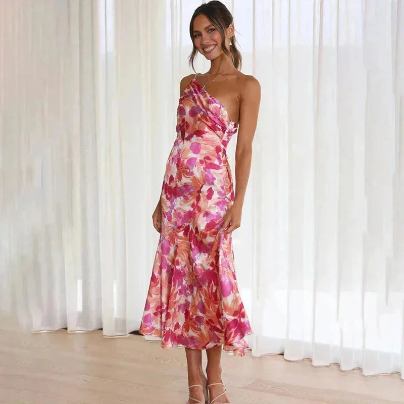 Damen Midikleid asymmetrisch rosa mit floralem Muster – High-quality product image.