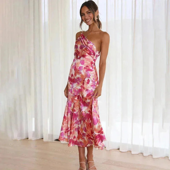 Damen Midikleid asymmetrisch rosa mit floralem Muster – High-quality product image.